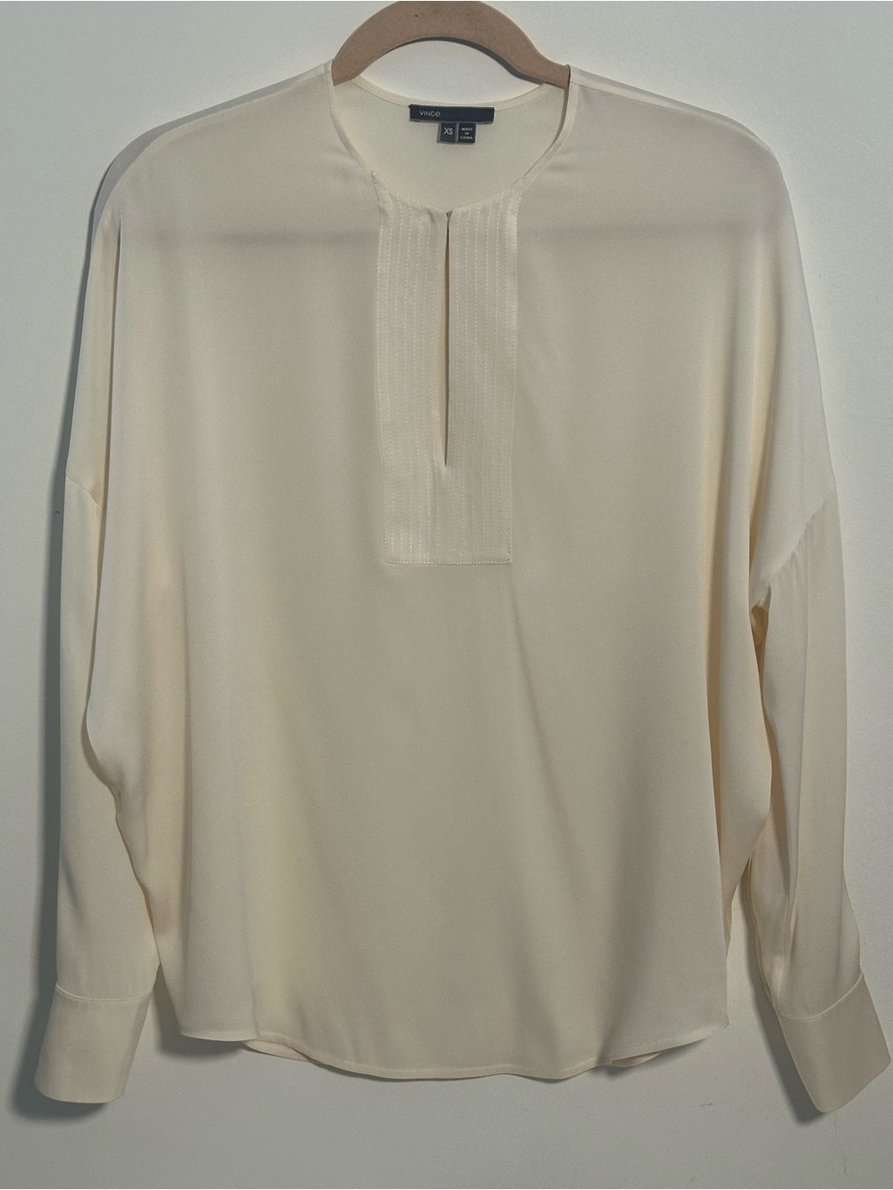 Vince Silk Cream Long-Sleeve Pleated Yoke Blouse